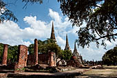 Ayutthaya, Thailand. Wat Phra Si Sanphet, the ruins in the foreground of the cross-shaped viharn at the west side of the site. 